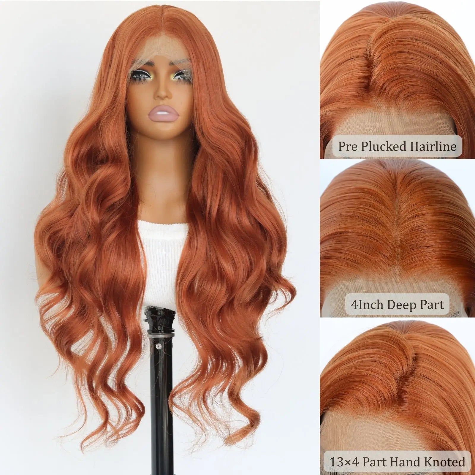 Ginger Orange 13X4 Lace Front Synthetic Wig Orange Long Body Wave Wig For Women Heat-resistant Fiber Wig 24Inch