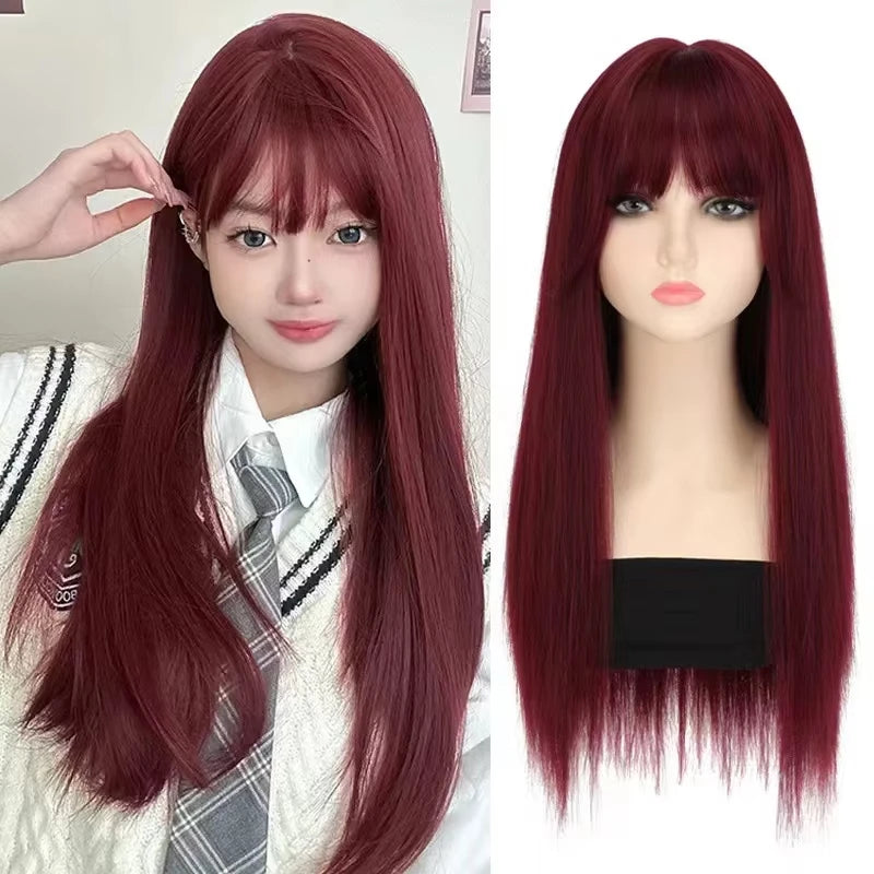 Orange synthetic wig with long straight hair for Halloween cosplay, role-playing party, daily costume, hot wire wig headband