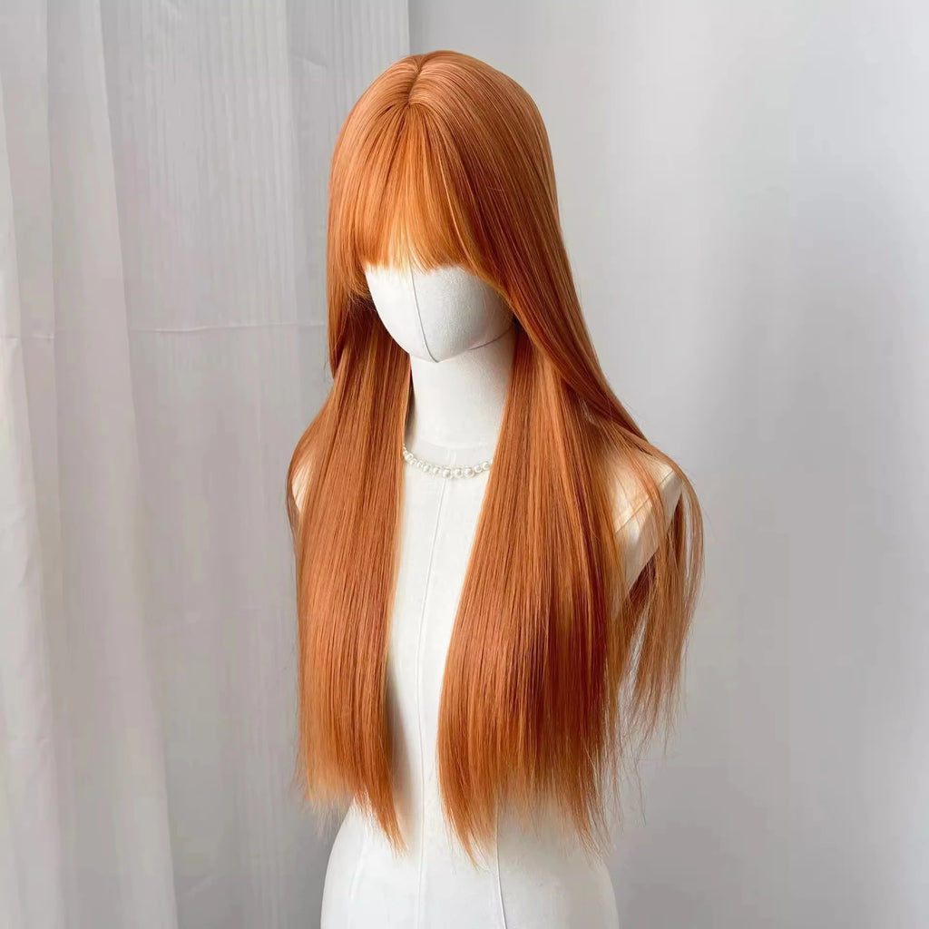 Orange synthetic wig with long straight hair for Halloween cosplay, role-playing party, daily costume, hot wire wig headband