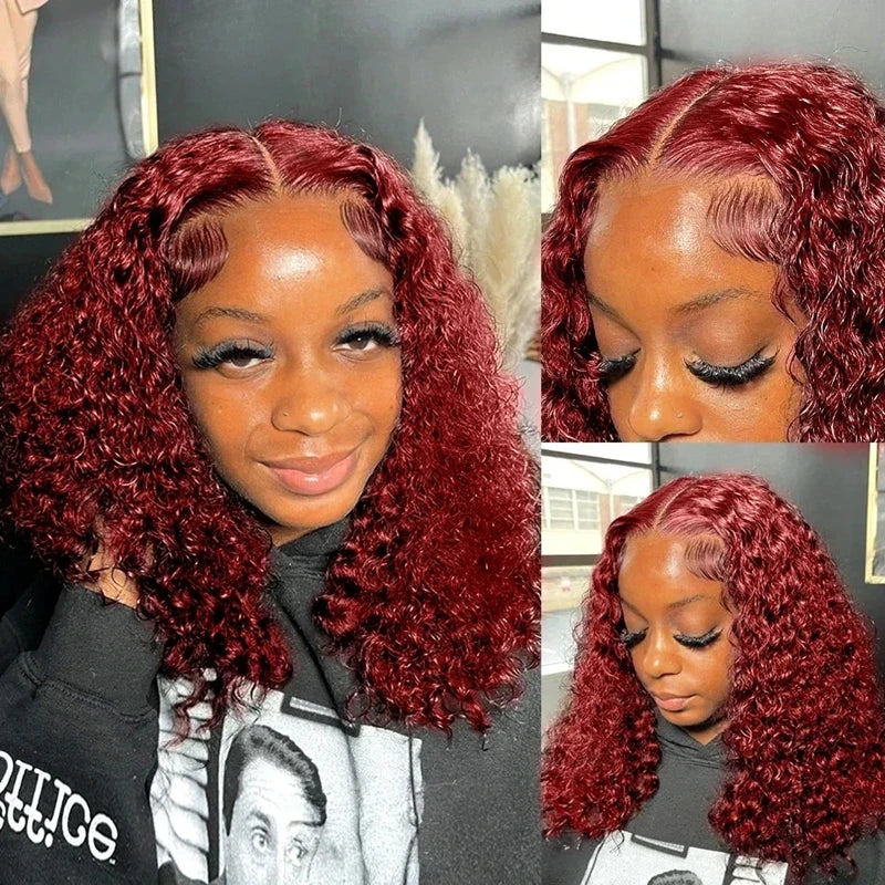 Burgundy Deep Wave 13x4 Lace Frontal Bob Wig 200% Density 99J Colored Remy Water Wave Frontal Human Hair Wigs Pre Plucked Wigs