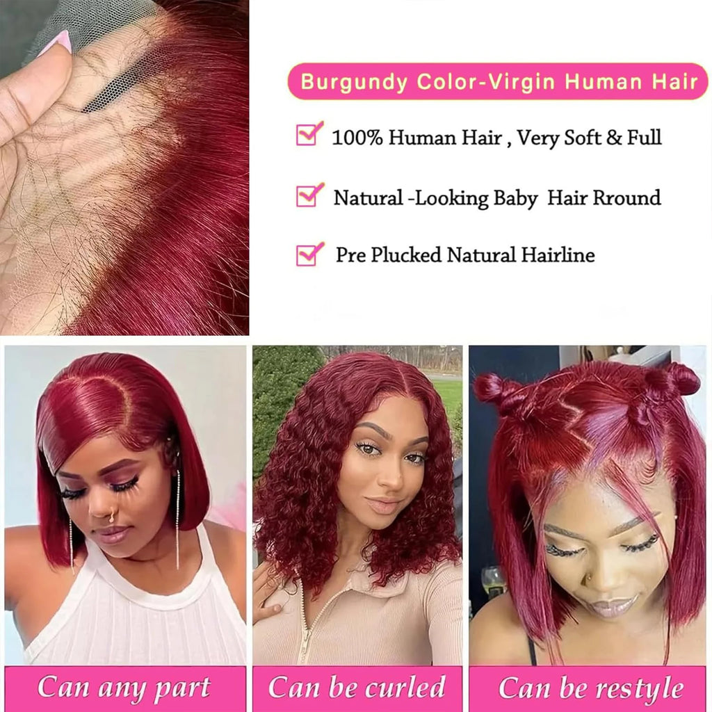 99J Burgundy Bob Wig 13x4 Lace Front Short Wigs 200%Density Straight HD Transparent Lace Frontal Wig Pre Plucked Human Hair 100%