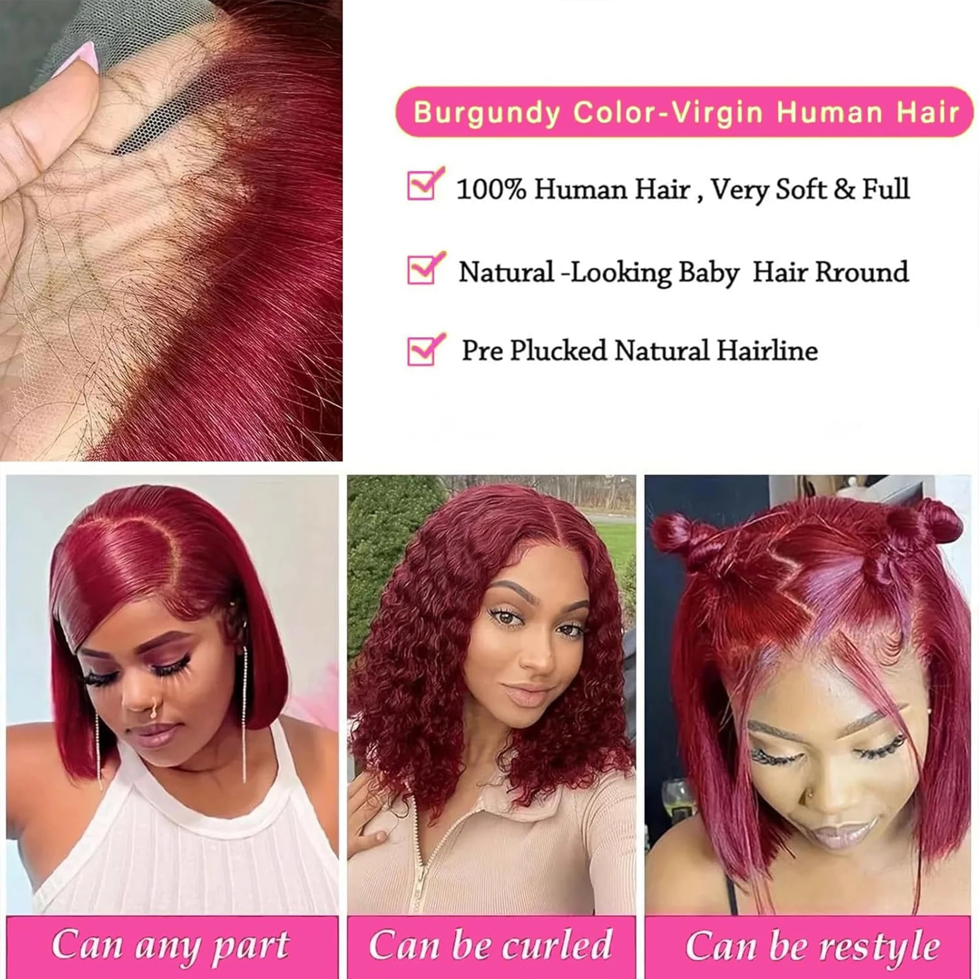 99J Burgundy Bob Wig 13x4 Lace Front Short Wigs 200%Density Straight HD Transparent Lace Frontal Wig Pre Plucked Human Hair 100%