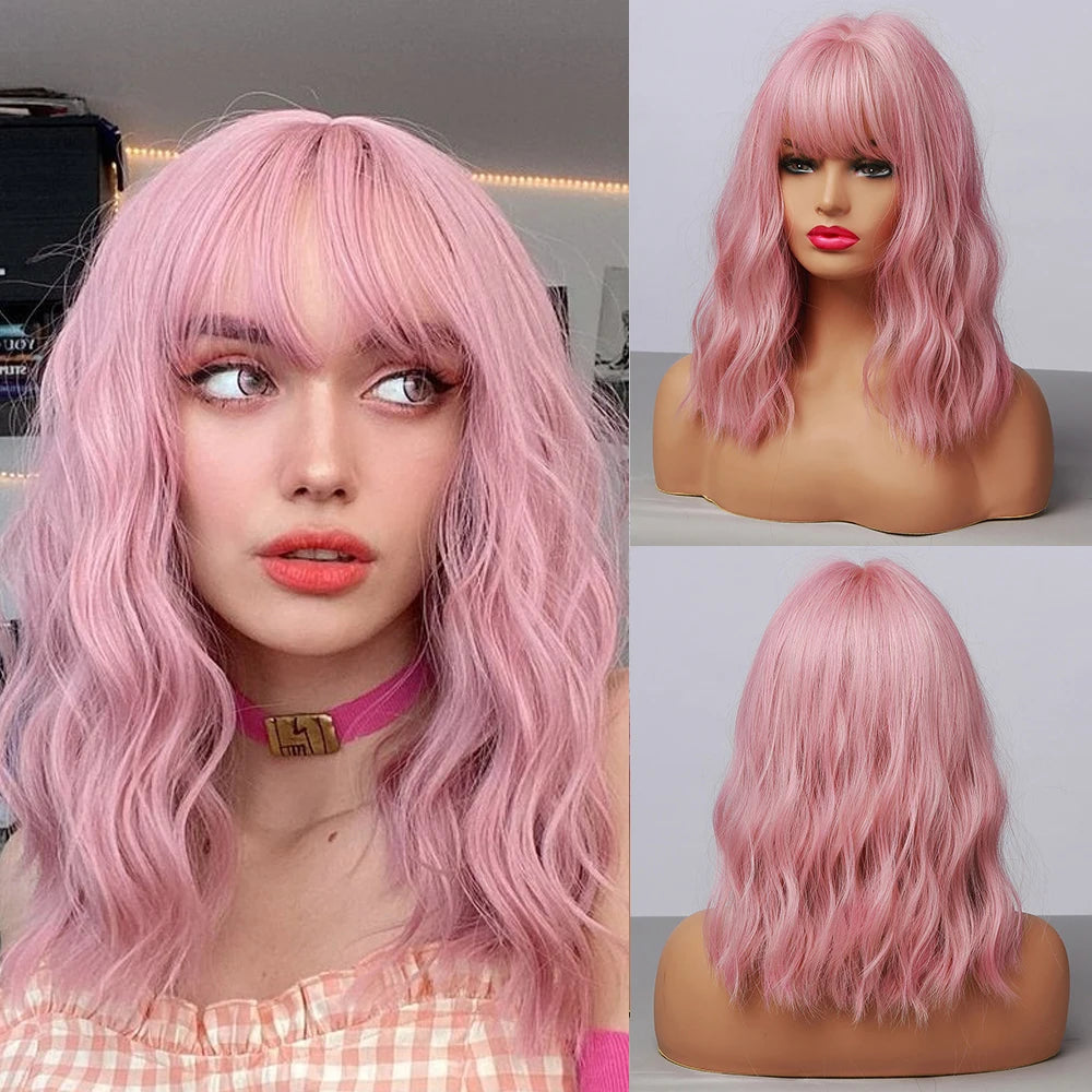 HENRY MARGU Red Copper Ginger Synthetic Wigs with Bangs Medium Water Wave Natural Bob Daily Hair Wigs for Women Heat Resistant