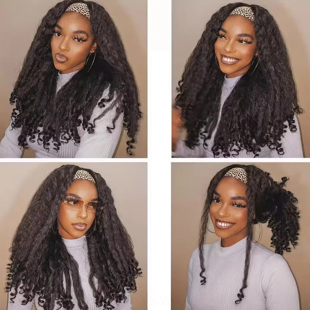 Kinky Straight Burmese Curly Headband Wigs Glueless None Lace Wig Wear And Go Yaki Straight Headband Wig WIth Spiral Curly End