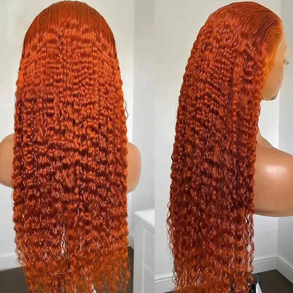 Orange Ginger Honey Blonde Color 13X4X1 Water Wave Full Lace Front Wigs For Women Preplpucked Bleach Knots Heat Resistant Fiber