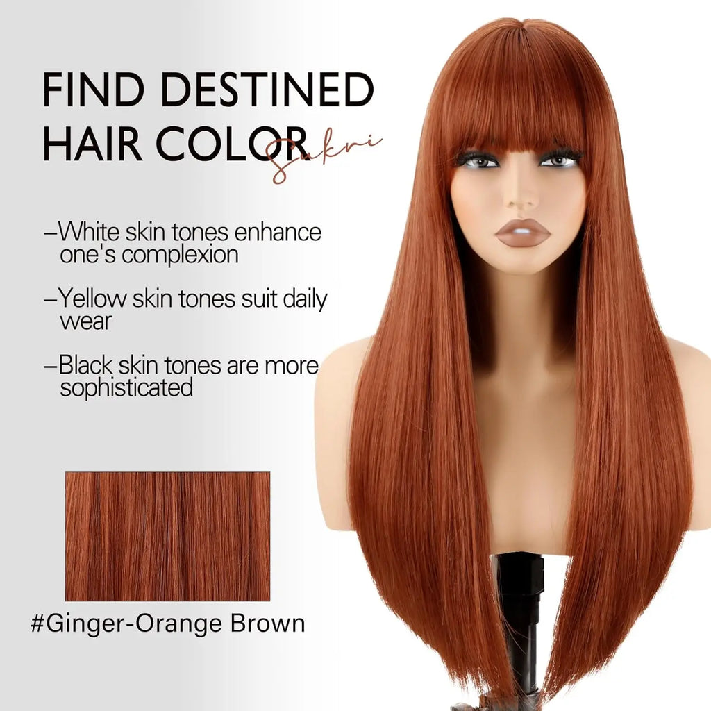 24inch Long Straight Ginger Wig with Bangs for Women Heat Resistant Orange Synthetic Hair for Daily Use Party Halloween Cosplay