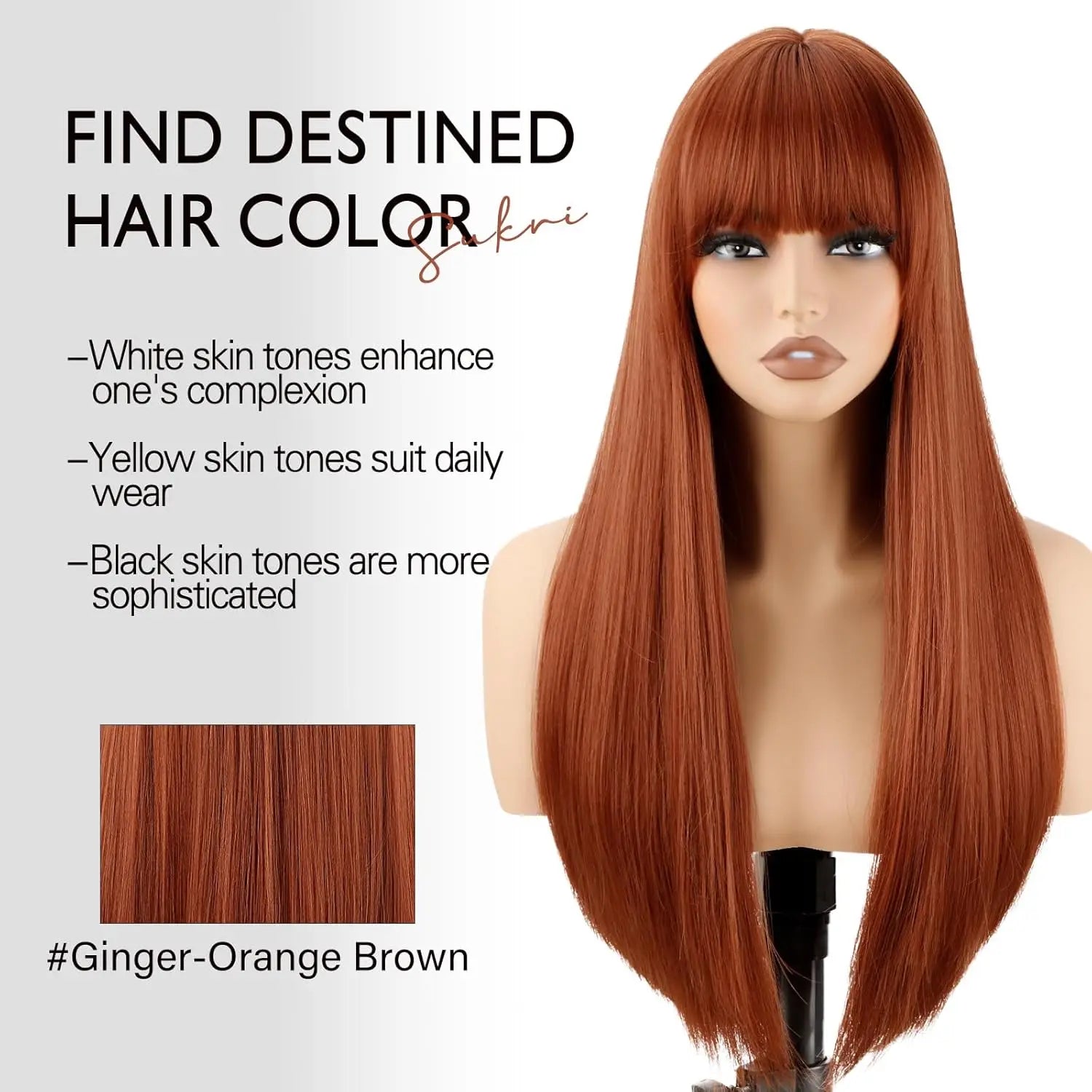 24inch Long Straight Ginger Wig with Bangs for Women Heat Resistant Orange Synthetic Hair for Daily Use Party Halloween Cosplay