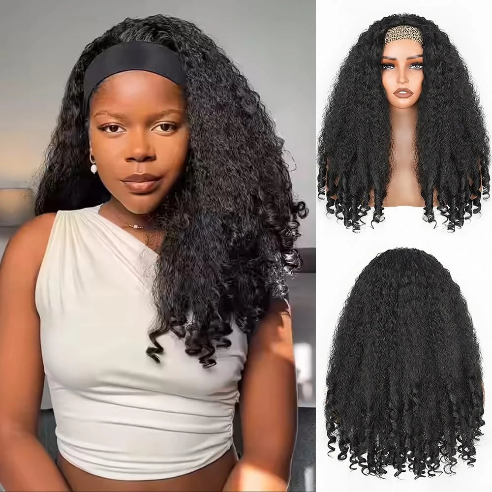 Kinky Straight Burmese Curly Headband Wigs Glueless None Lace Wig Wear And Go Yaki Straight Headband Wig WIth Spiral Curly End