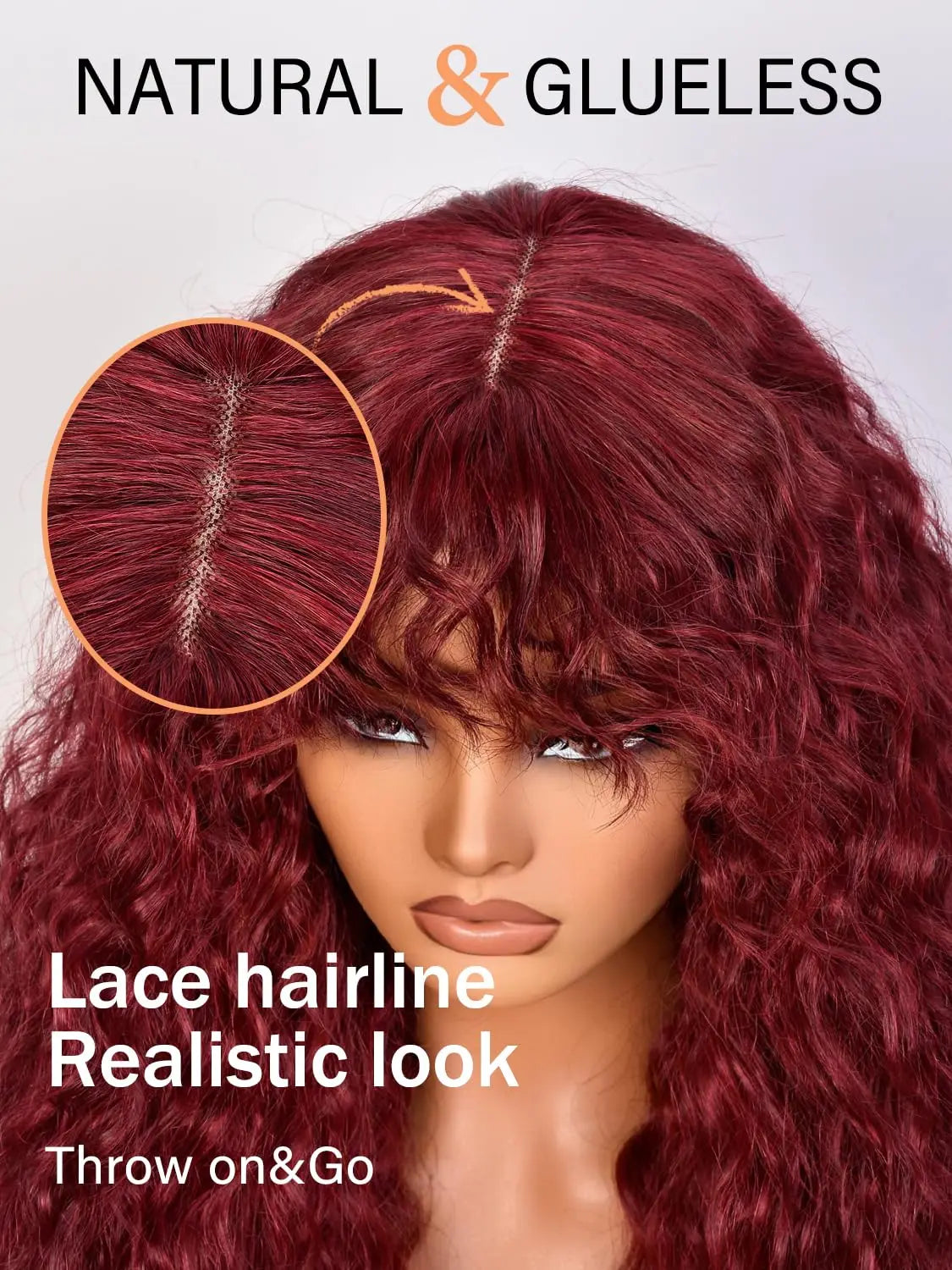 99J Burgundy Curly Wig with Bangs Human Hair Brazilian 200 Density Water Wave Wear and Go Glueless Red Colored Wigs For Women