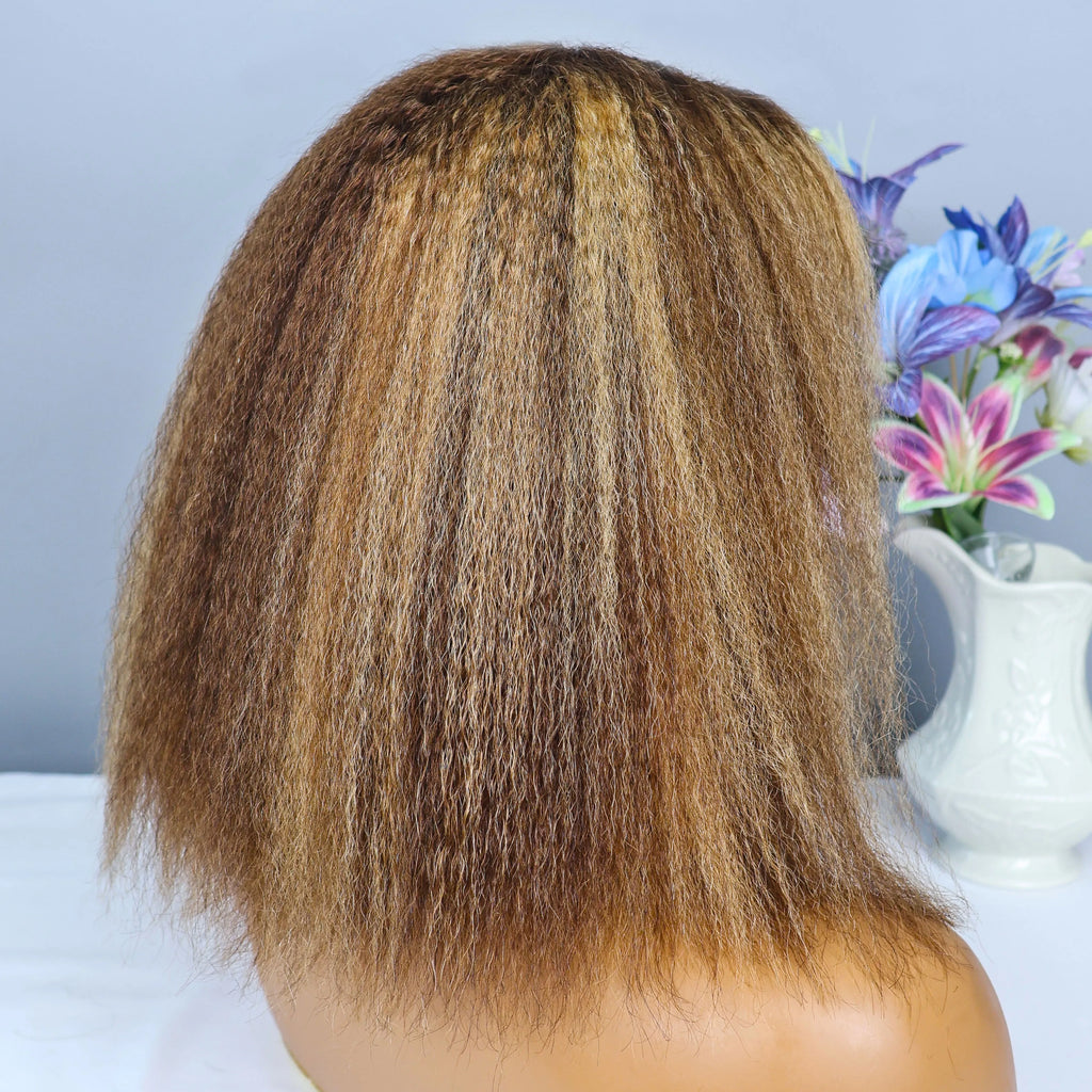 Kinky Straight 4/27 Highlight 13x4 Transparent Lace Frontal Human Hair Wigs Short Brown Blonde Piano Colored Human Hair Bob Wig