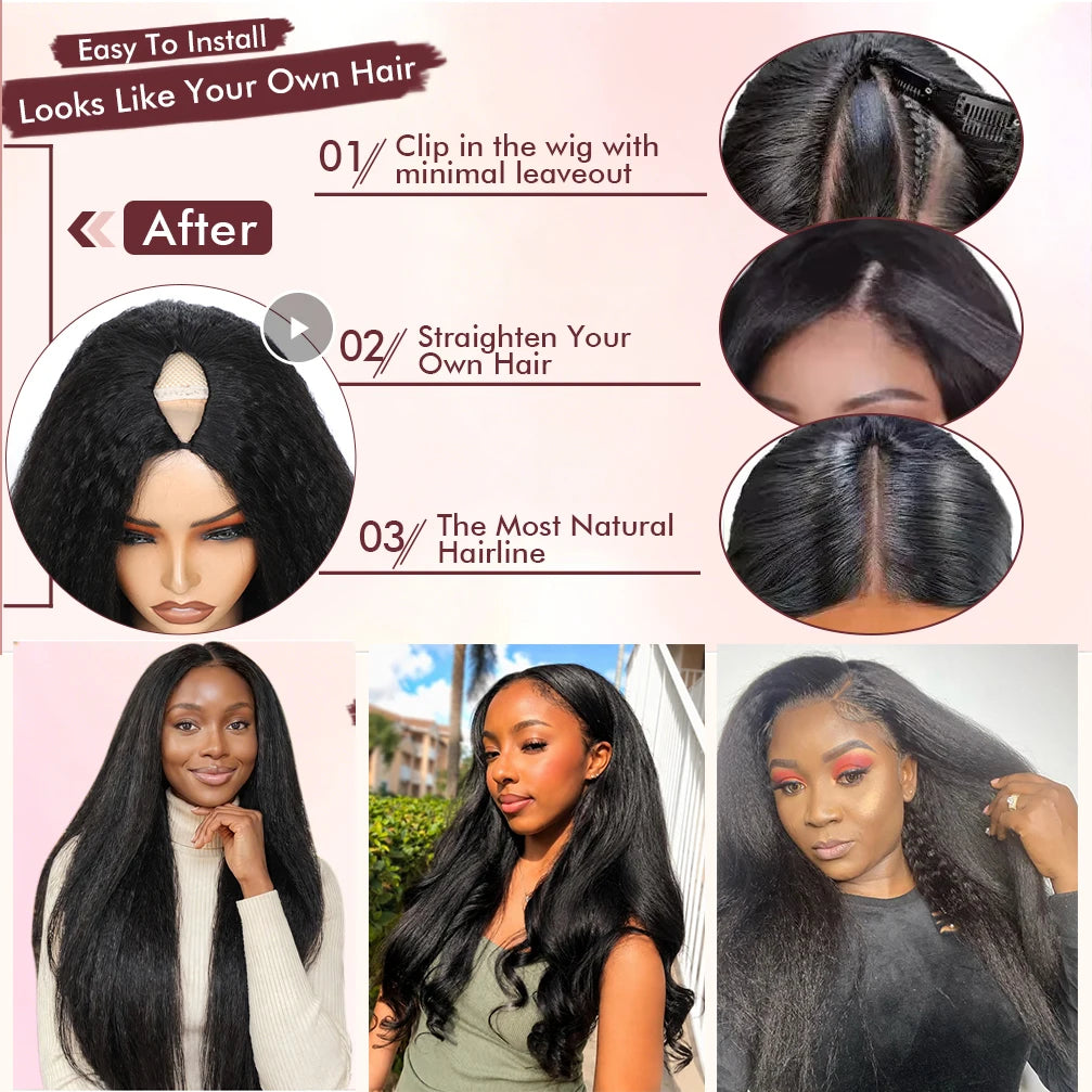 V Part Wig Kinky Straight 220% density Human Hair Wigs Yaki Straight Glueless Wigs Human Hair for Women Invisible Hairline Wigs
