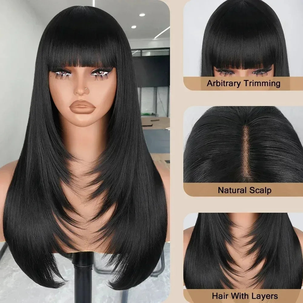 Ginger Orange Short Layered Cut Straight Lace Front Wig With Bangs 13x4 HD Lace Glueless Synthetic Daily Wear On Clearance Sale