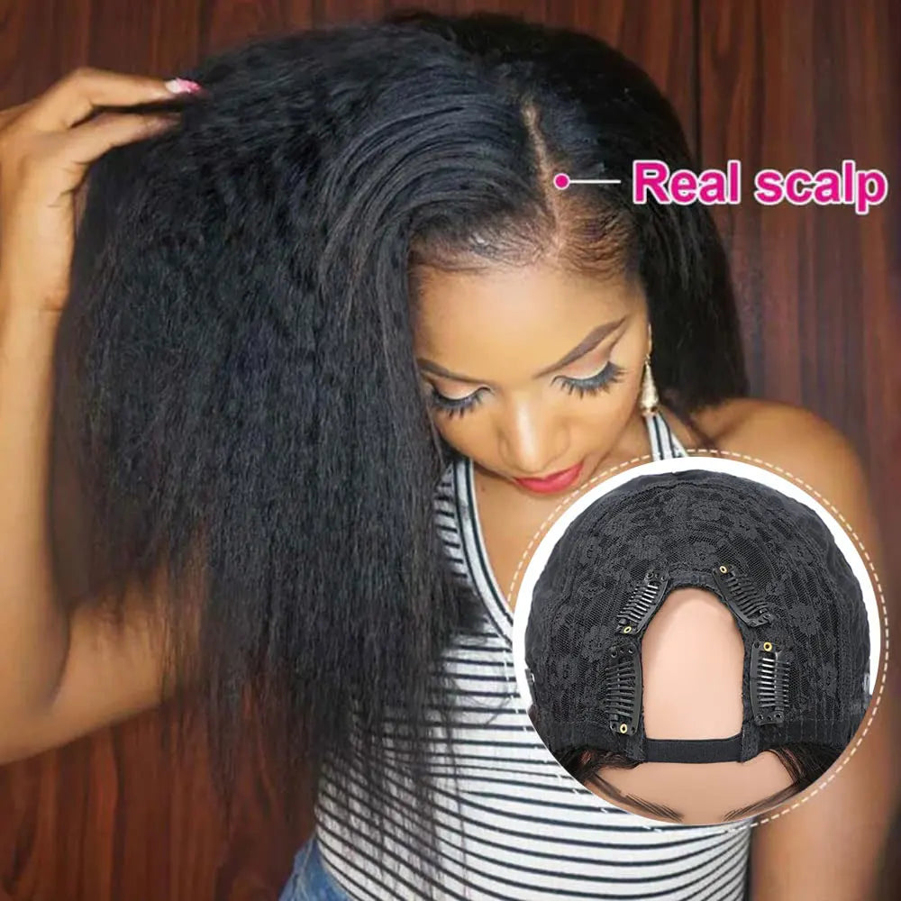 Synthetic Natural Black Kinky Straight U Part Wig Yaki Straight Wigs for Women Daily Party Use