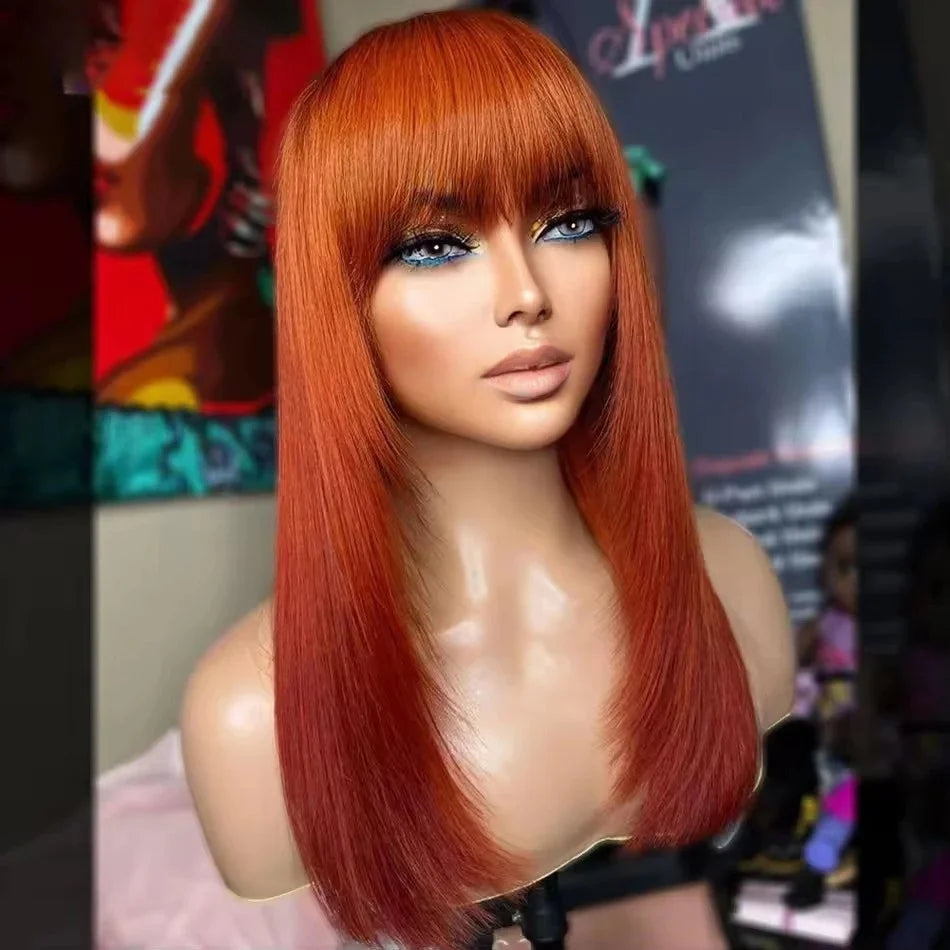 Ginger Orange Short Layered Cut Straight Lace Front Wig With Bangs 13x4 HD Lace Glueless Synthetic Daily Wear On Clearance Sale