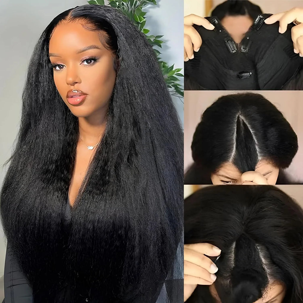 V Part Wig Kinky Straight 220% density Human Hair Wigs Yaki Straight Glueless Wigs Human Hair for Women Invisible Hairline Wigs
