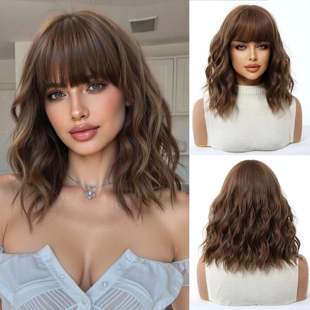 HENRY MARGU Red Copper Ginger Synthetic Wigs with Bangs Medium Water Wave Natural Bob Daily Hair Wigs for Women Heat Resistant