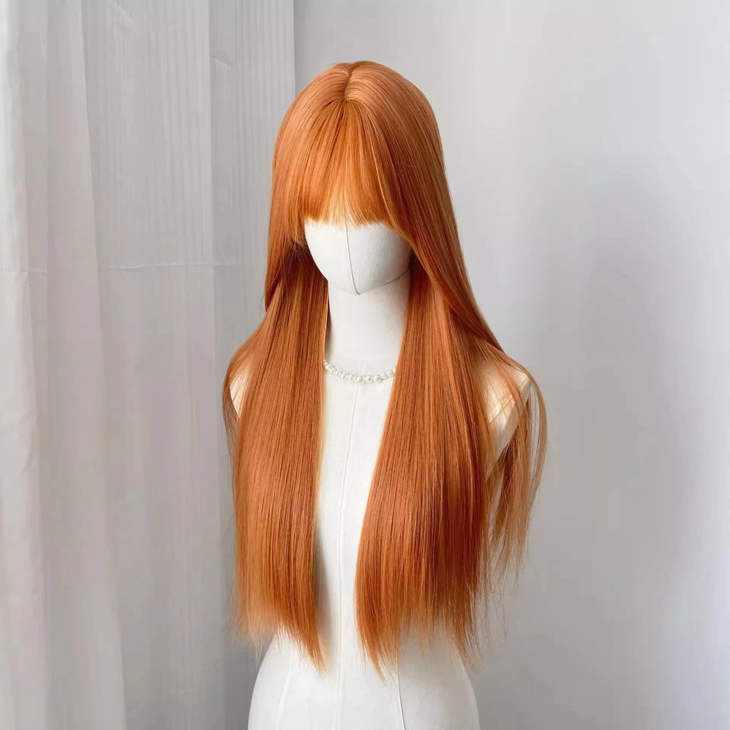 Orange synthetic wig with long straight hair for Halloween cosplay, role-playing party, daily costume, hot wire wig headband