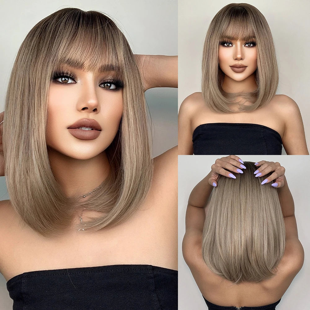 HENRY MARGU Red Copper Ginger Synthetic Wigs with Bangs Medium Water Wave Natural Bob Daily Hair Wigs for Women Heat Resistant
