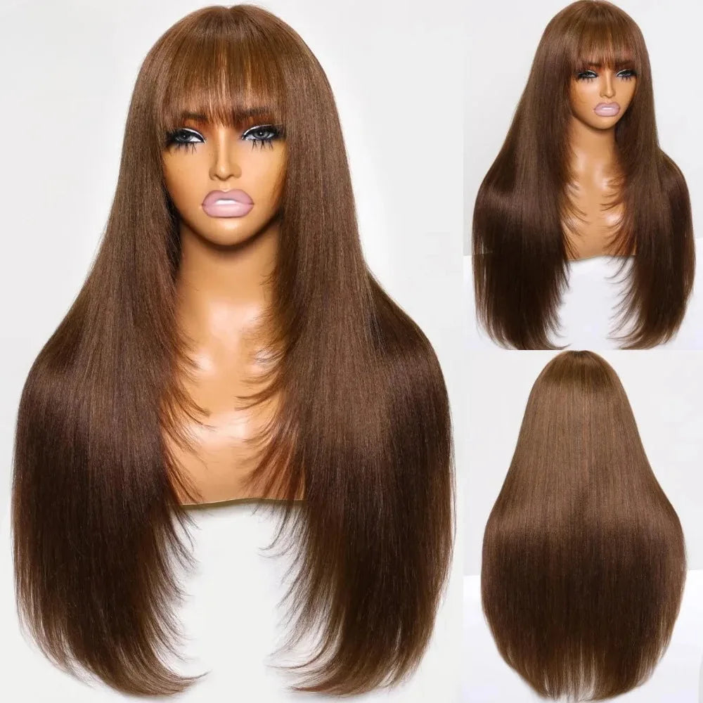 Ginger Orange Short Layered Cut Straight Lace Front Wig With Bangs 13x4 HD Lace Glueless Synthetic Daily Wear On Clearance Sale