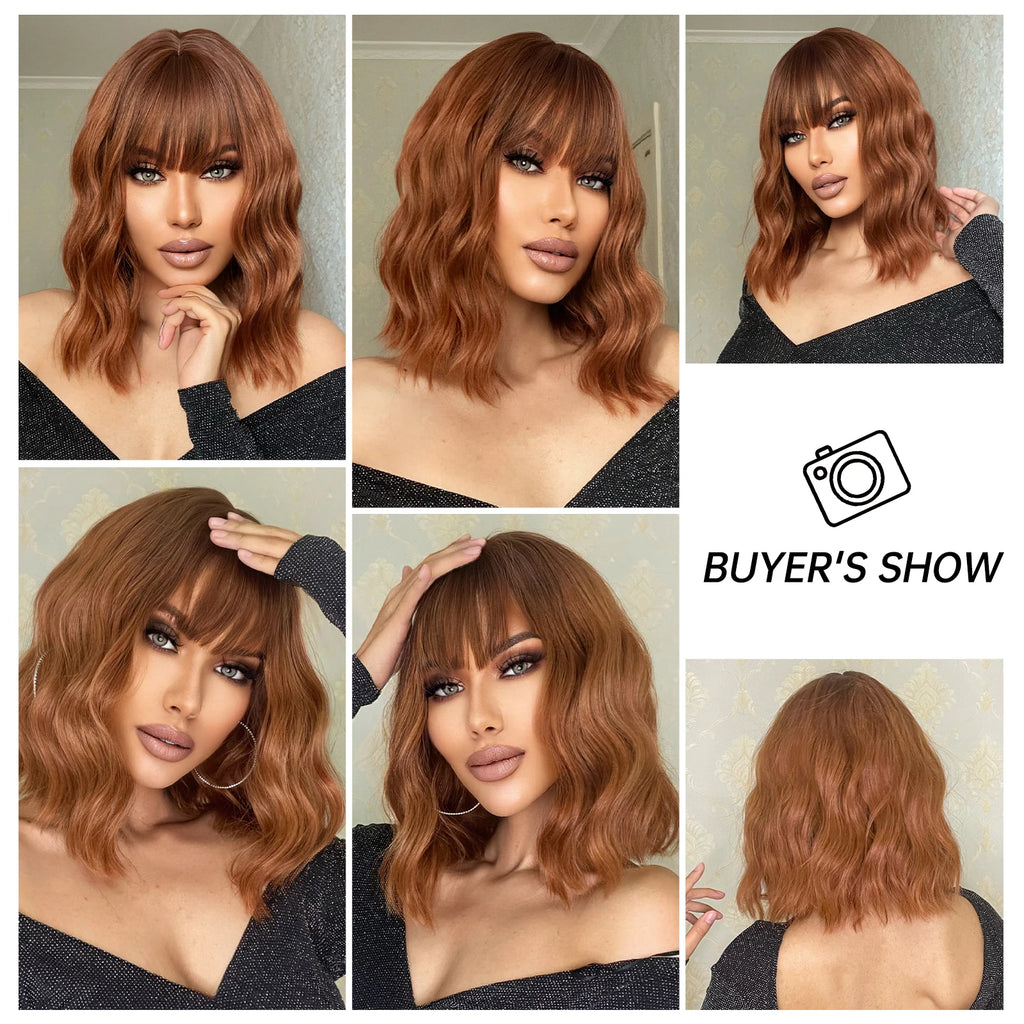 HENRY MARGU Red Copper Ginger Synthetic Wigs with Bangs Medium Water Wave Natural Bob Daily Hair Wigs for Women Heat Resistant