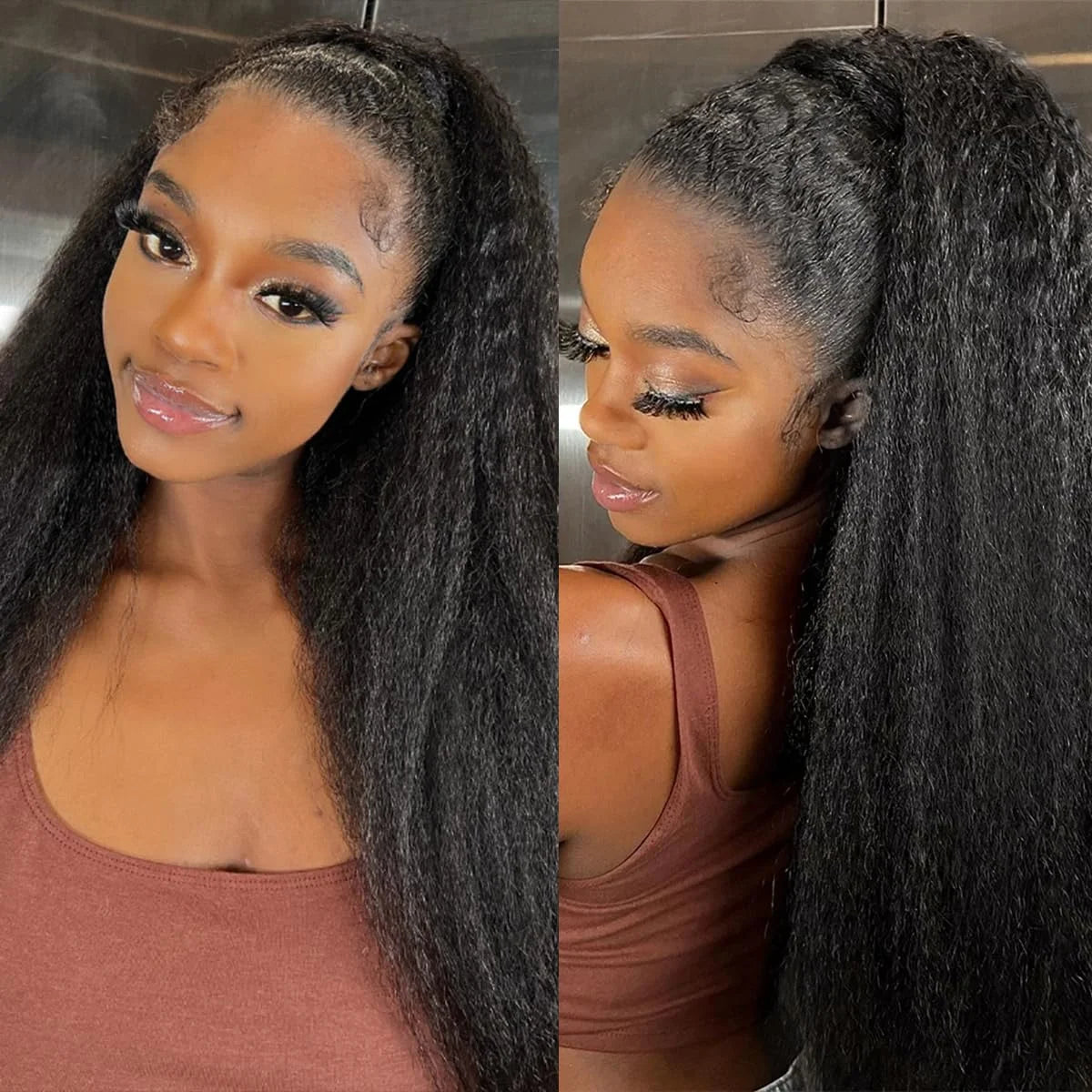 V Part Wig Kinky Straight 220% density Human Hair Wigs Yaki Straight Glueless Wigs Human Hair for Women Invisible Hairline Wigs