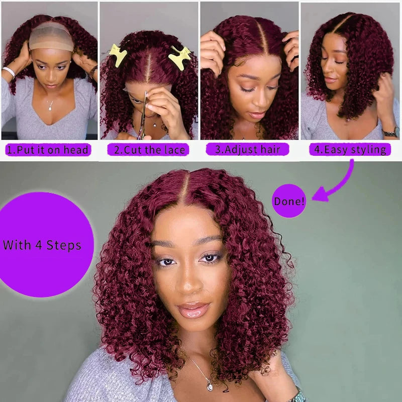 Burgundy Deep Wave 13x4 Lace Frontal Bob Wig 200% Density 99J Colored Remy Water Wave Frontal Human Hair Wigs Pre Plucked Wigs