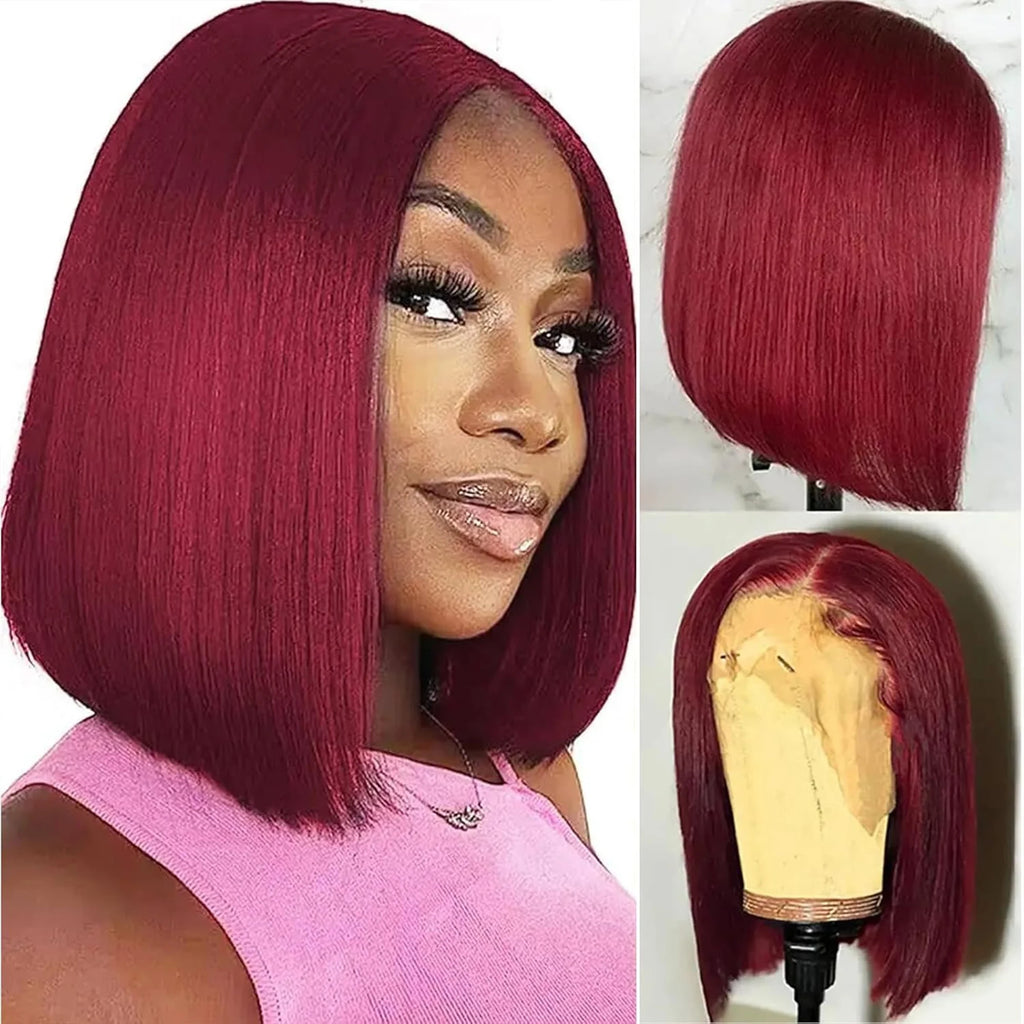 99J Burgundy Bob Wig 13x4 Lace Front Short Wigs 200%Density Straight HD Transparent Lace Frontal Wig Pre Plucked Human Hair 100%