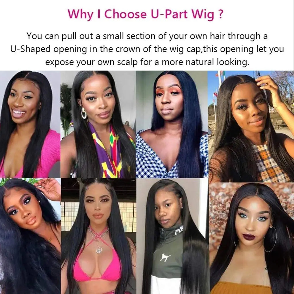 Synthetic Natural Black Kinky Straight U Part Wig Yaki Straight Wigs for Women Daily Party Use