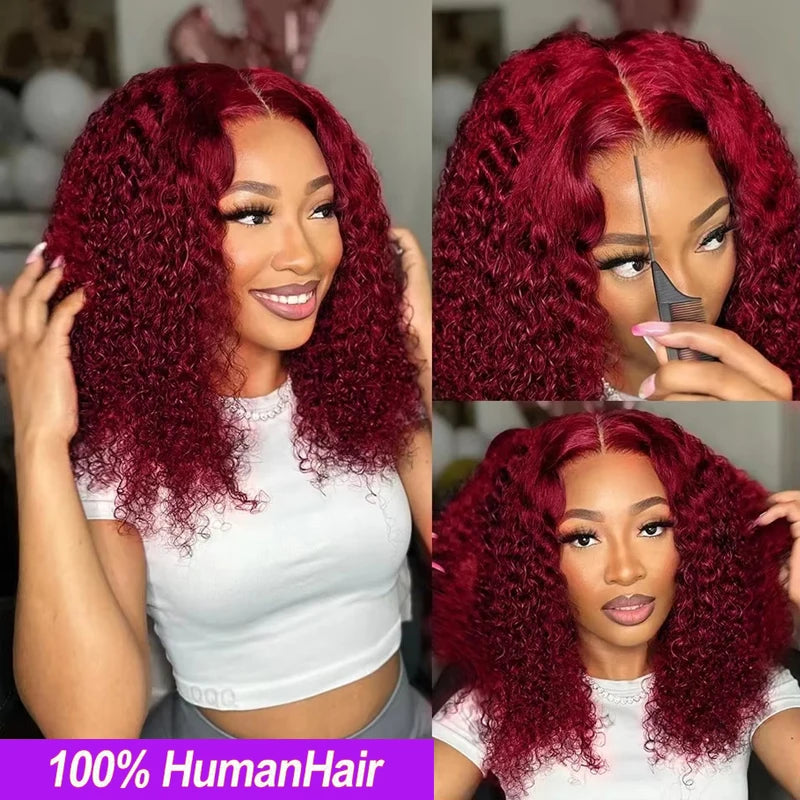 Burgundy Deep Wave 13x4 Lace Frontal Bob Wig 200% Density 99J Colored Remy Water Wave Frontal Human Hair Wigs Pre Plucked Wigs