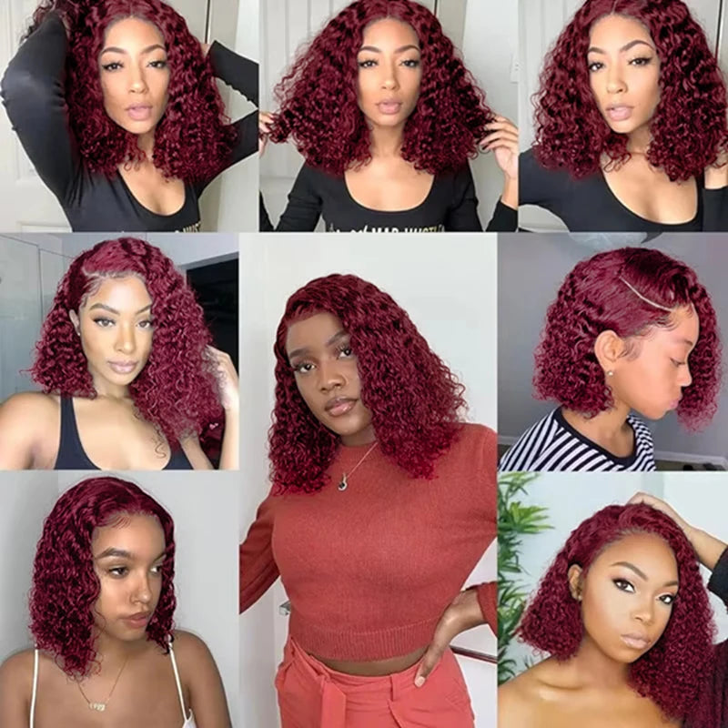 Burgundy Deep Wave 13x4 Lace Frontal Bob Wig 200% Density 99J Colored Remy Water Wave Frontal Human Hair Wigs Pre Plucked Wigs