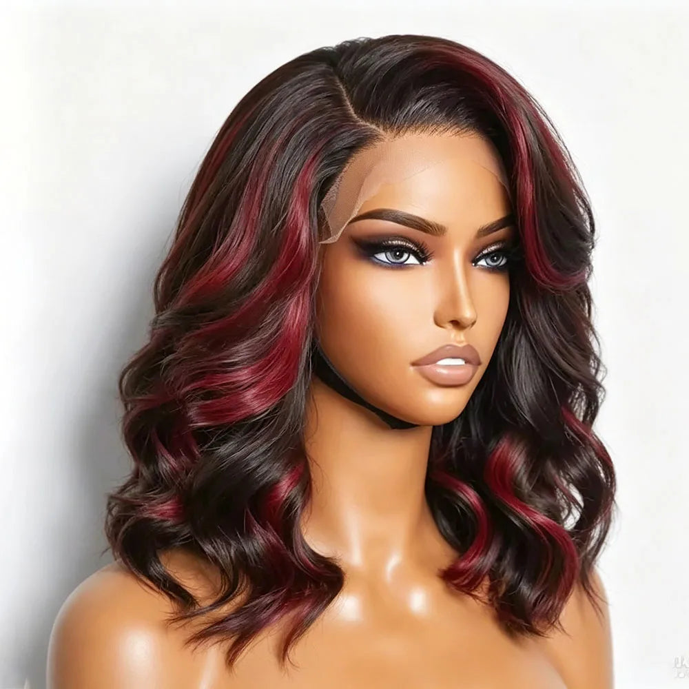 RONGDUOYI Black and Red Highlights Bob Hair Synthetic Wig Highlight Burgundy Short Wave Hair Glueless Lace Front Wigs Daily Wear