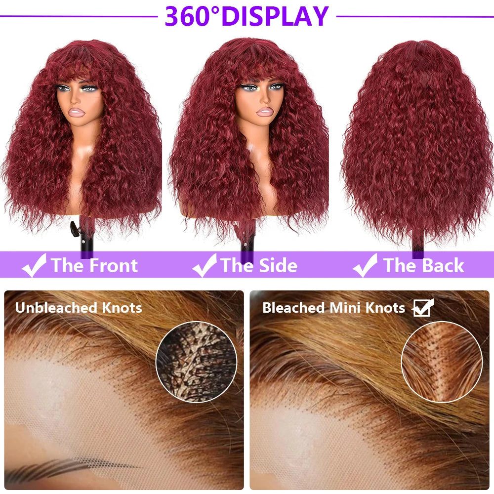 99J Burgundy Curly Wig with Bangs Human Hair Brazilian 200 Density Water Wave Wear and Go Glueless Red Colored Wigs For Women
