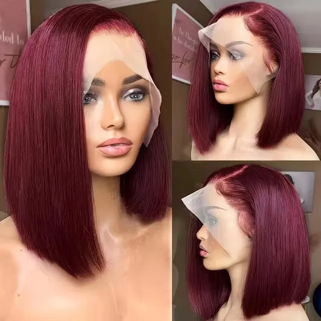 99J Red Burgundy Color Short Bob Straight Blunt Cut 13X4 Lace Front Synthetic Wigs For Women Preplucked With Baby Hair Cosplay