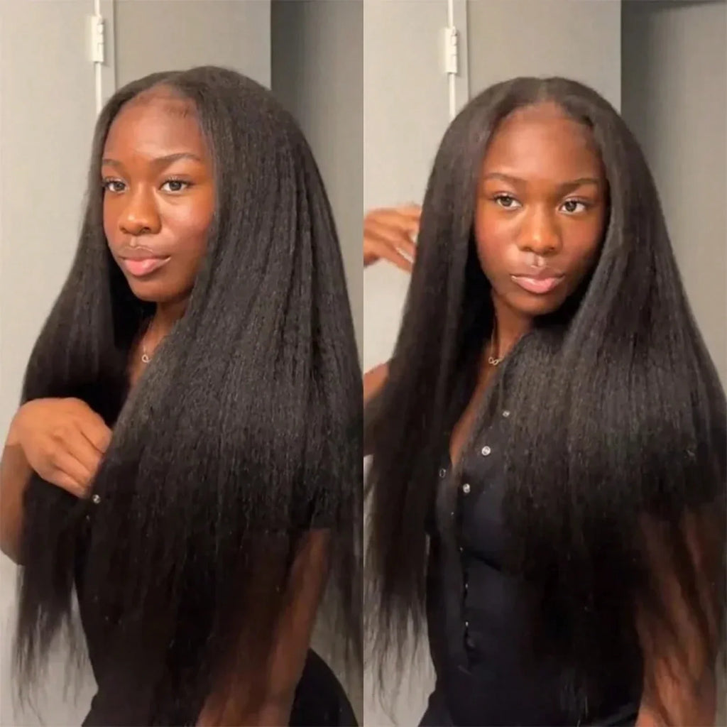 V Part Wig Kinky Straight 220% density Human Hair Wigs Yaki Straight Glueless Wigs Human Hair for Women Invisible Hairline Wigs