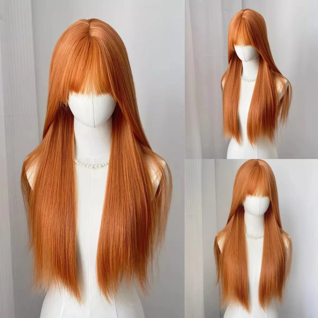 Orange synthetic wig with long straight hair for Halloween cosplay, role-playing party, daily costume, hot wire wig headband