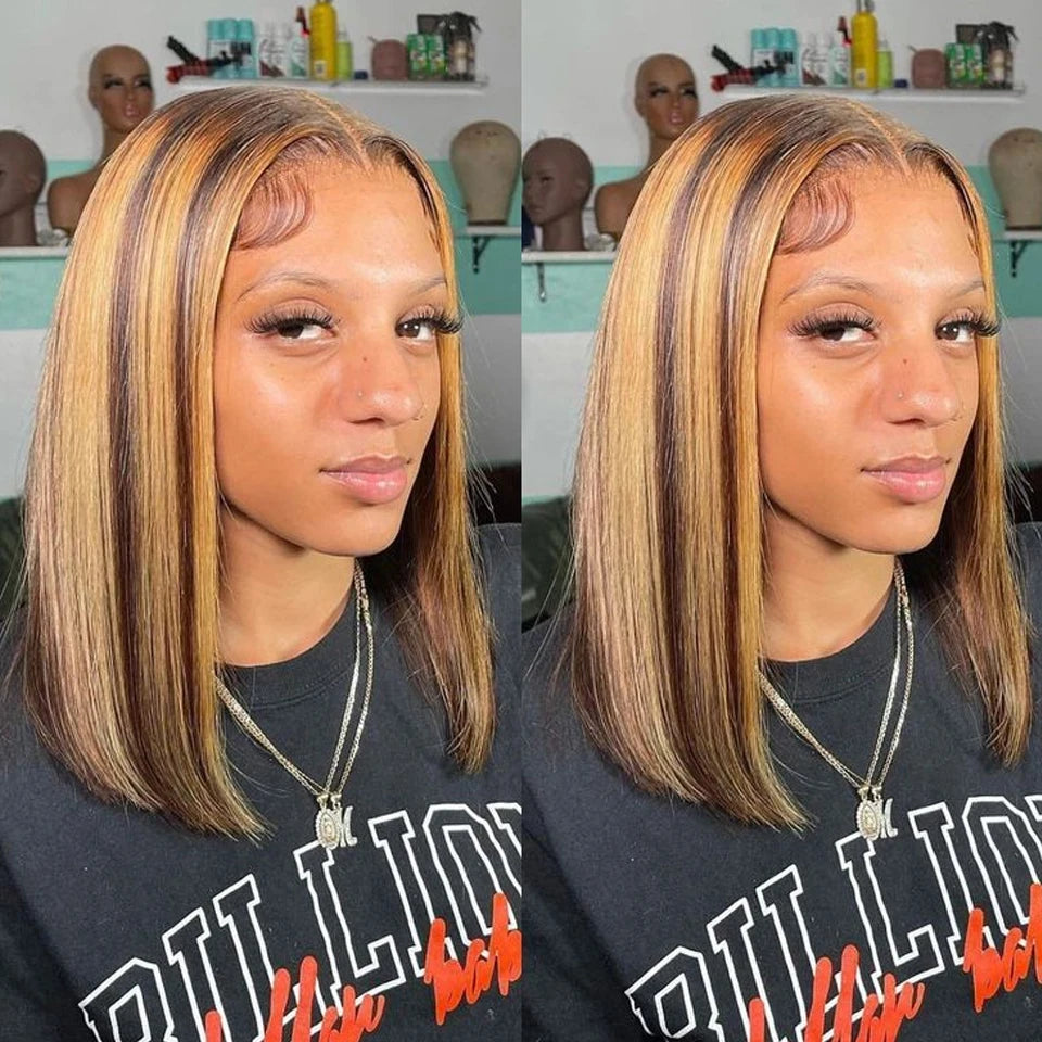 Ginger Orange HD Transparent Short Bob Human Hair Wigs Peruvian Highlight Straight 13x6x2 Lace Front Wig For Women Pre Plucked