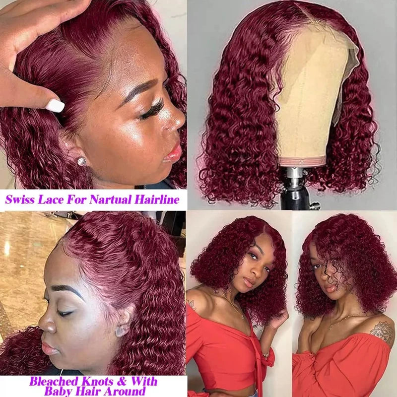 Burgundy Deep Wave 13x4 Lace Frontal Bob Wig 200% Density 99J Colored Remy Water Wave Frontal Human Hair Wigs Pre Plucked Wigs