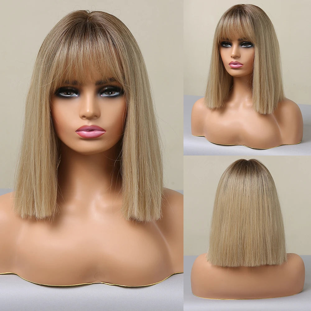 HENRY MARGU Red Copper Ginger Synthetic Wigs with Bangs Medium Water Wave Natural Bob Daily Hair Wigs for Women Heat Resistant