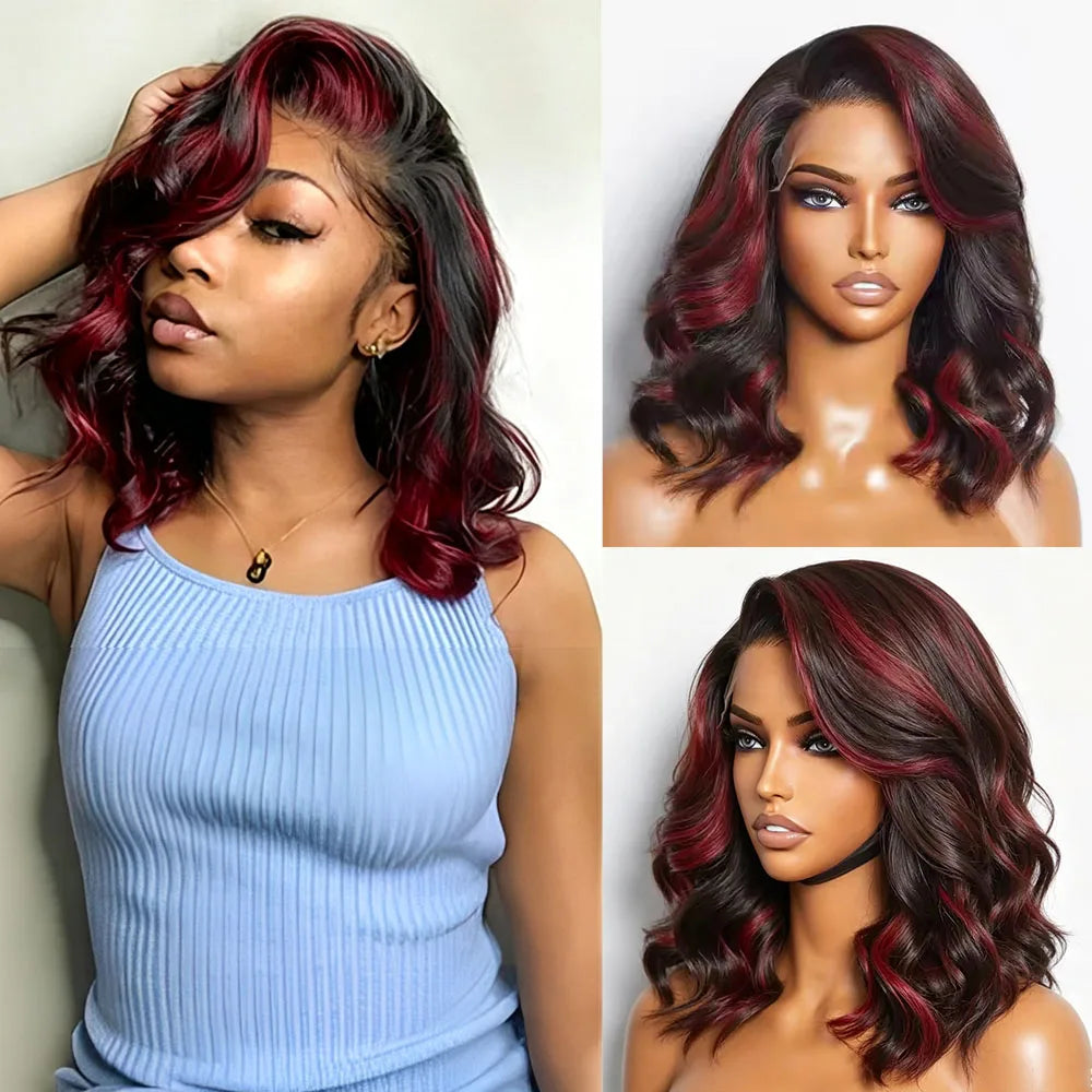 RONGDUOYI Black and Red Highlights Bob Hair Synthetic Wig Highlight Burgundy Short Wave Hair Glueless Lace Front Wigs Daily Wear