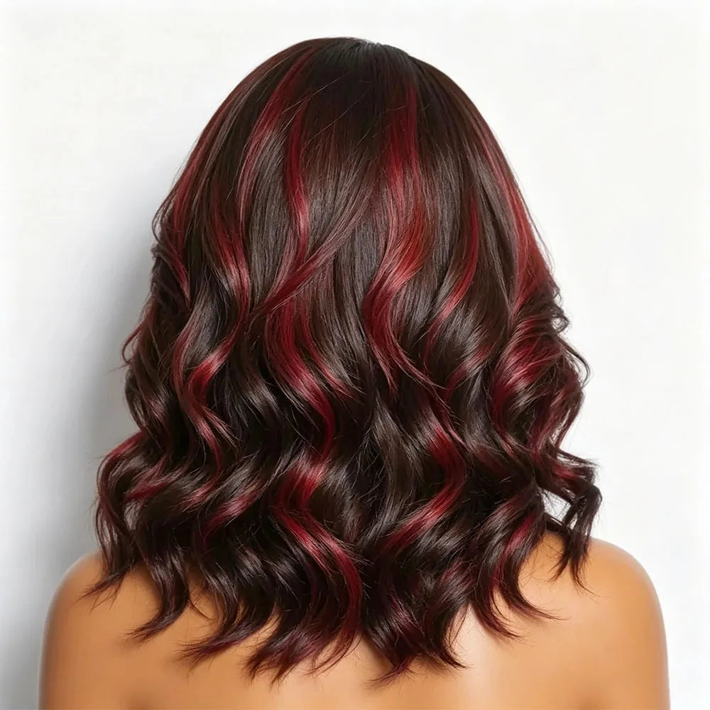 RONGDUOYI Black and Red Highlights Bob Hair Synthetic Wig Highlight Burgundy Short Wave Hair Glueless Lace Front Wigs Daily Wear