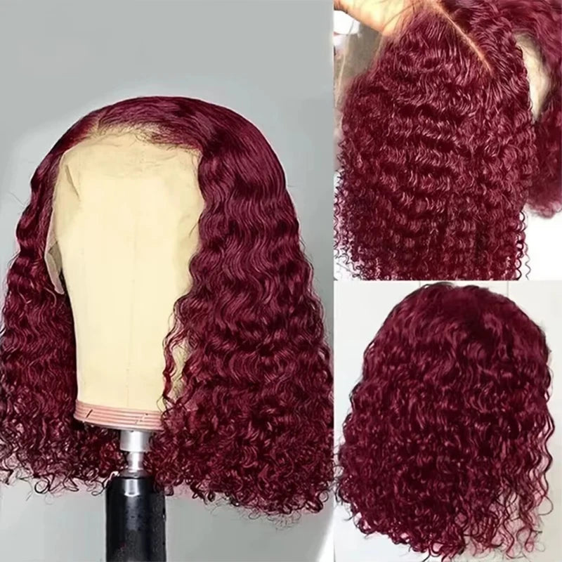 Burgundy Deep Wave 13x4 Lace Frontal Bob Wig 200% Density 99J Colored Remy Water Wave Frontal Human Hair Wigs Pre Plucked Wigs