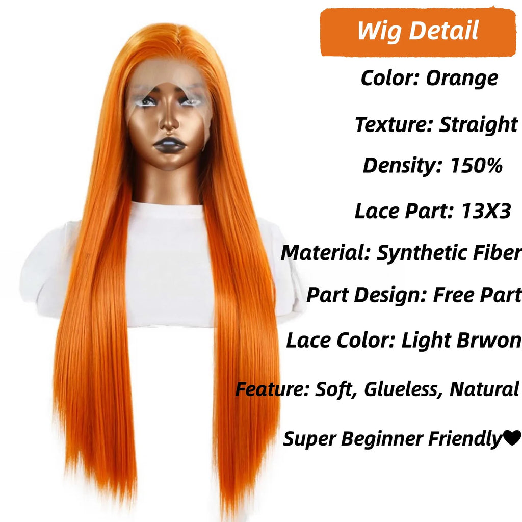 Orange Wig Long Straight Synthetic Lace Front Wig Glueless Wigs for Women Party Cosplay Bright Ginger Hair Lace Frontal Wigs