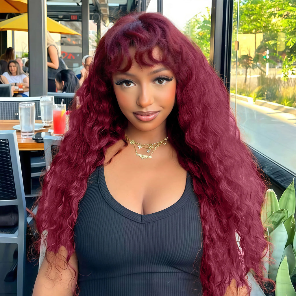 99J Burgundy Curly Wig with Bangs Human Hair Brazilian 200 Density Water Wave Wear and Go Glueless Red Colored Wigs For Women