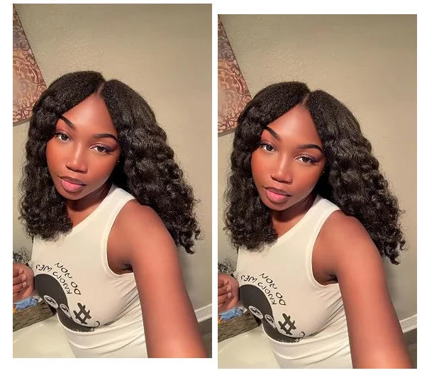V Part Wig Kinky Straight 220% density Human Hair Wigs Yaki Straight Glueless Wigs Human Hair for Women Invisible Hairline Wigs