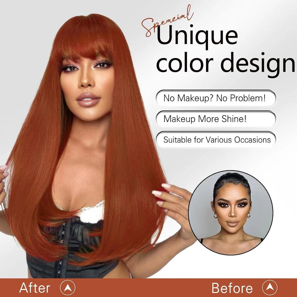 24inch Long Straight Ginger Wig with Bangs for Women Heat Resistant Orange Synthetic Hair for Daily Use Party Halloween Cosplay