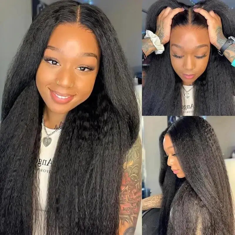 V Part Wig Kinky Straight 220% density Human Hair Wigs Yaki Straight Glueless Wigs Human Hair for Women Invisible Hairline Wigs