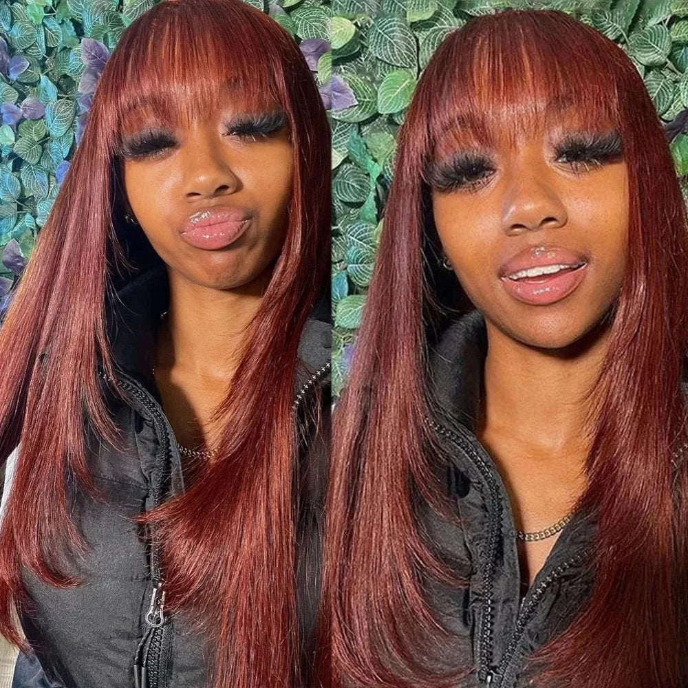 Ginger Orange Short Layered Cut Straight Lace Front Wig With Bangs 13x4 HD Lace Glueless Synthetic Daily Wear On Clearance Sale