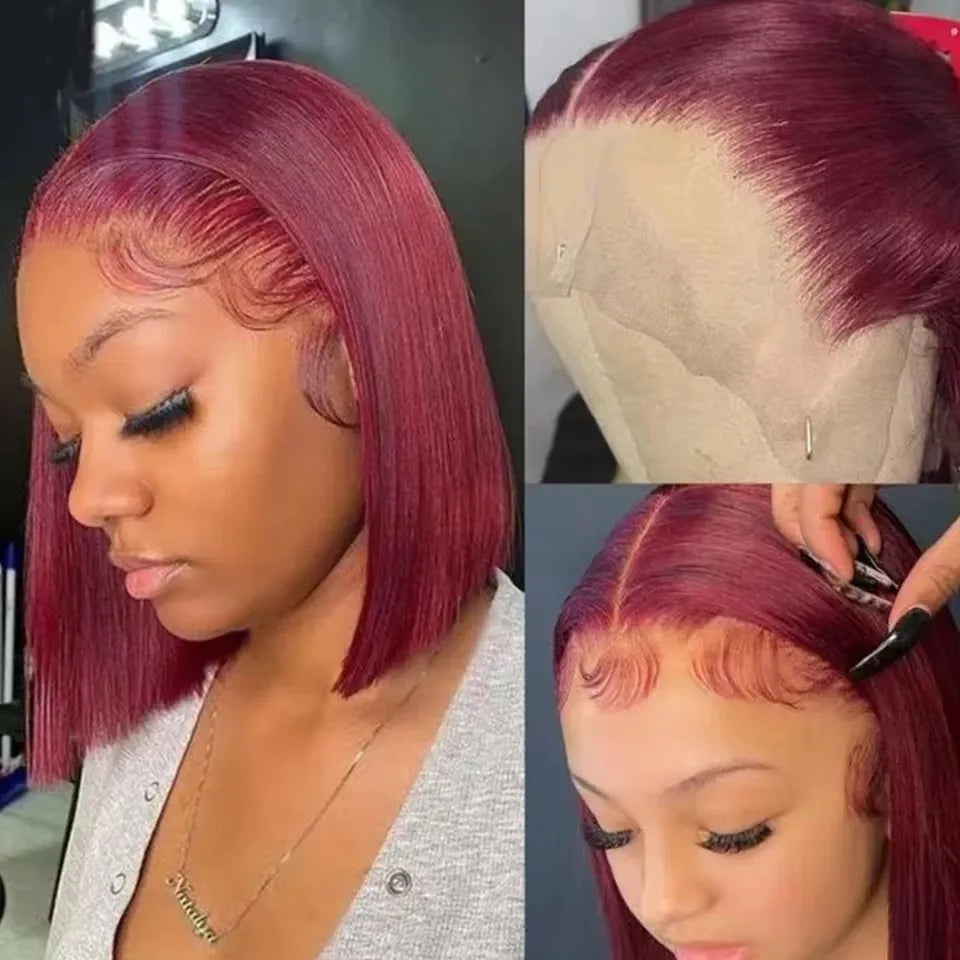 99J Red Burgundy Color Short Bob Straight Blunt Cut 13X4 Lace Front Synthetic Wigs For Women Preplucked With Baby Hair Cosplay