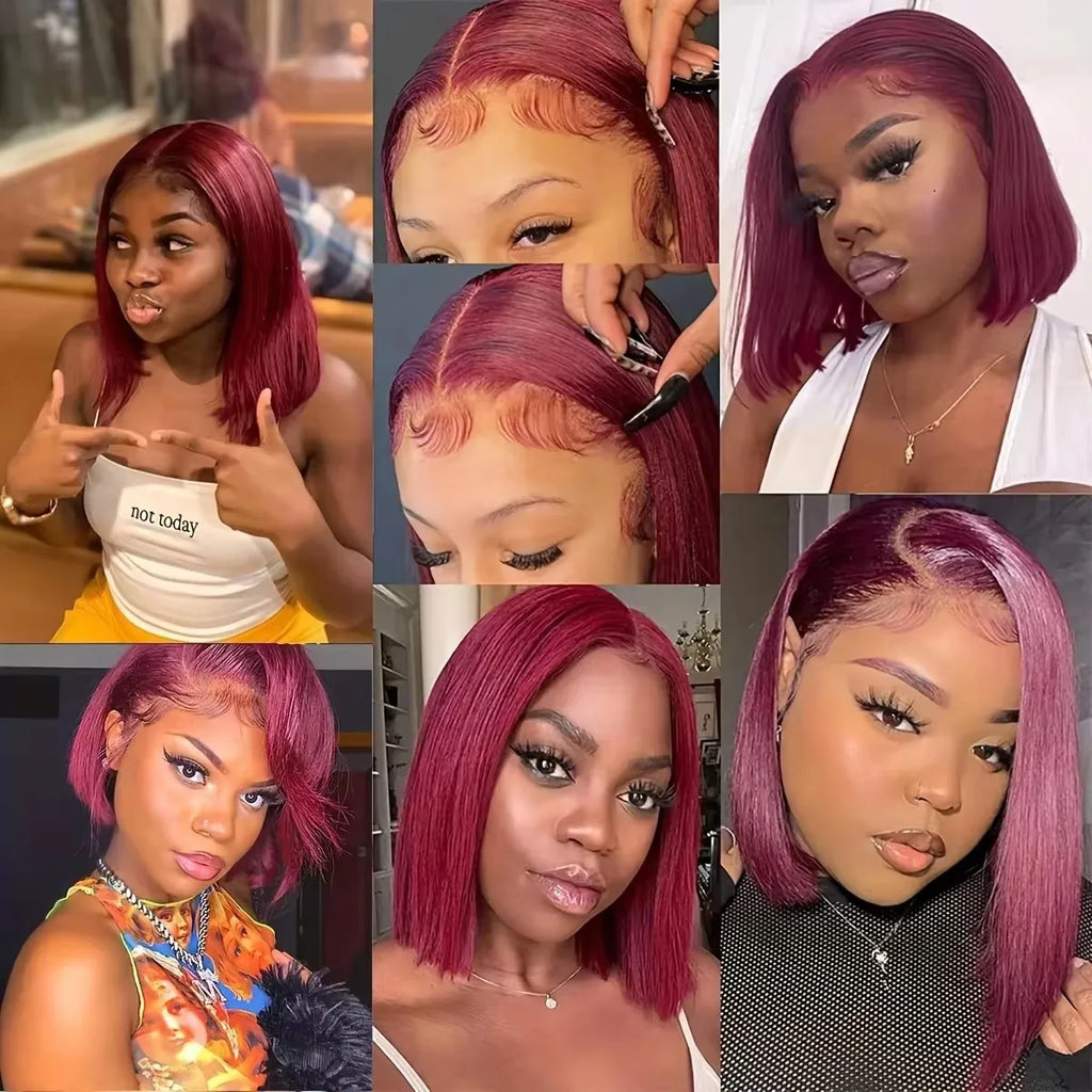 99J Red Burgundy Color Short Bob Straight Blunt Cut 13X4 Lace Front Synthetic Wigs For Women Preplucked With Baby Hair Cosplay
