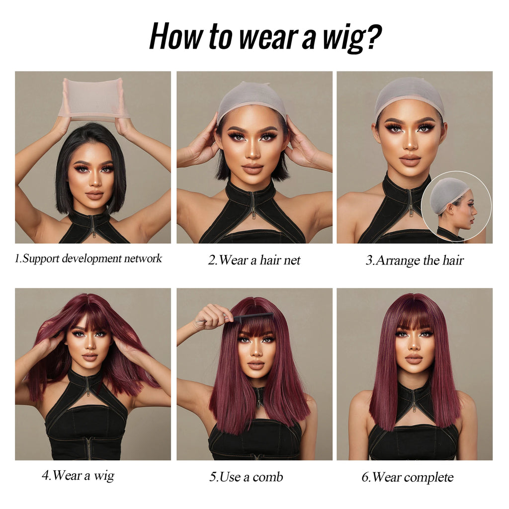 HENRY MARGU Red Copper Ginger Synthetic Wigs with Bangs Medium Water Wave Natural Bob Daily Hair Wigs for Women Heat Resistant